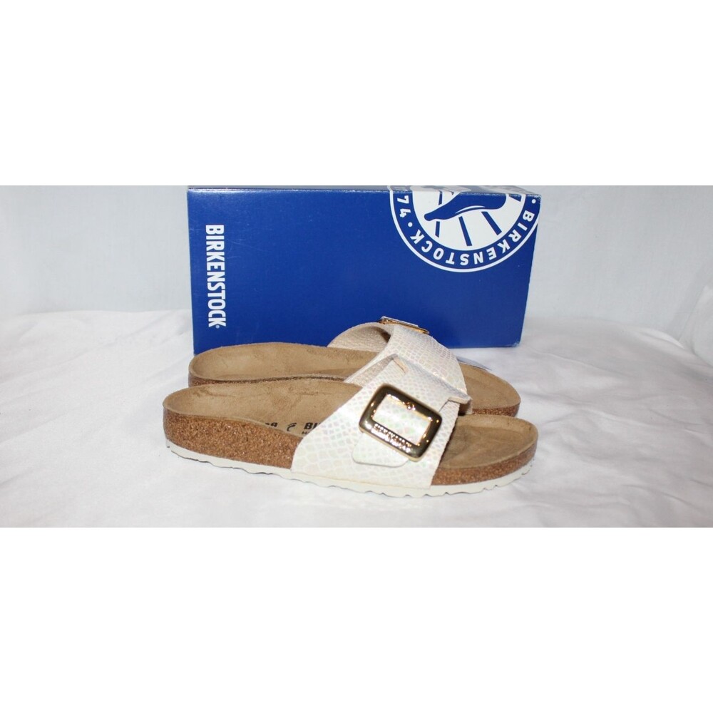 Birkenstock Women Catalina Cushion Leather Sandals Shiny Shade Cream EU 38 N